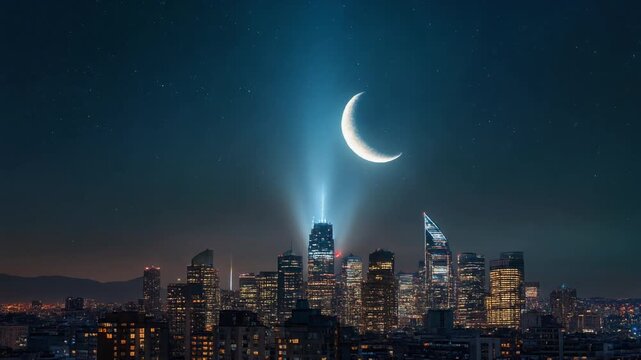 A stunning night cityscape with a crescent moon shining brightly above modern skyscrapers, illuminated by a beam of light.