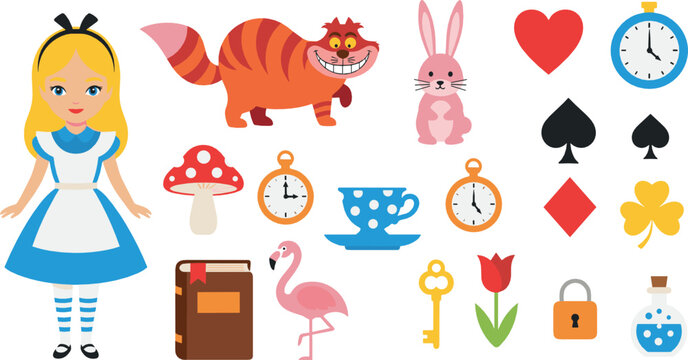 Alice in Wonderland Inspired Elements Collection with Girl, Cheshire Cat, Rabbit and Fantasy Symbols Flat Vector Illustration