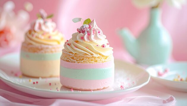 Delicious Pastel Colored Mini Desserts with Sprinkles.
