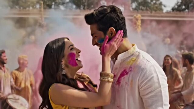 Indian man put colors on his wife face from back
