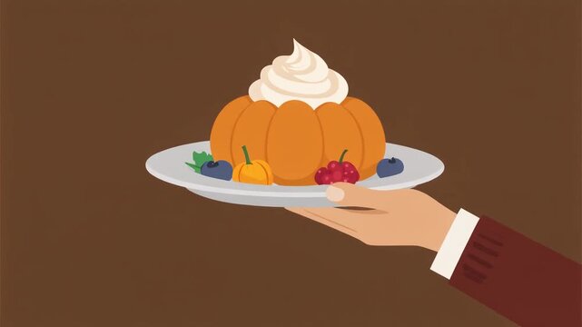 Hand serving a delicious pumpkin shaped dessert with whipped cream and berries on a white plate illustration perfect for autumn and Thanksgiving themes