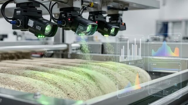 Medium shot of industrial cameras and sensors capturing realtime inline imaging for AIbased blend consistency monitoring in a hightech production line.