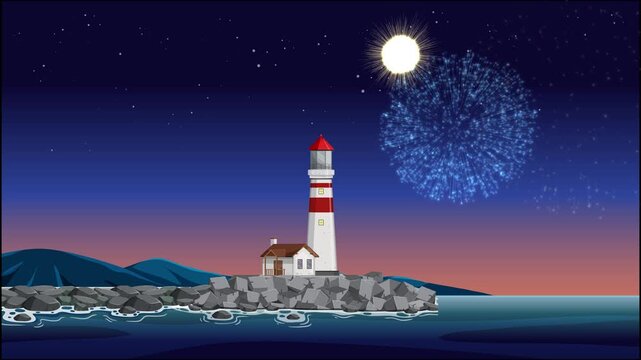 Animated Fireworks Display Over a Coastal Lighthouse at Night