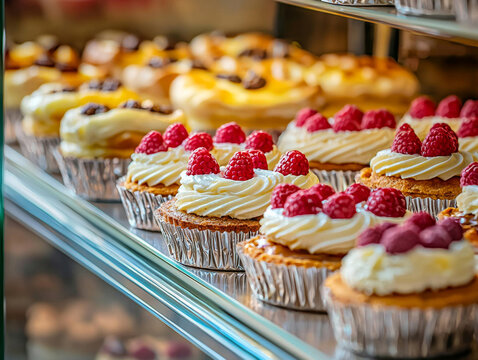 Rows of delicious tarts and cupcakes with creamy white frosting, adorned with fresh red raspberries, displayed in a dessert case