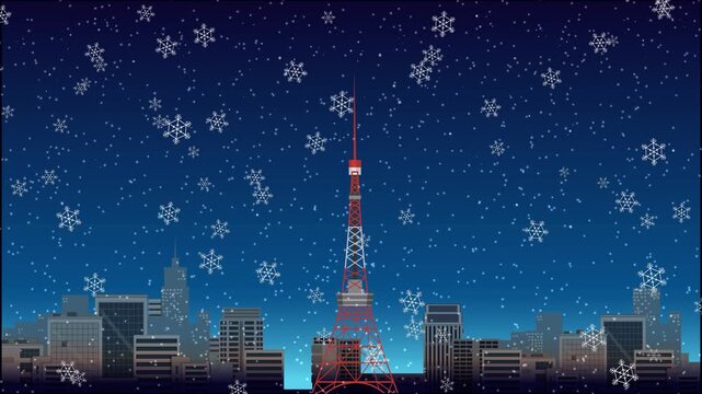 Animated Snow Falling Over a City Skyline with a Red Tower