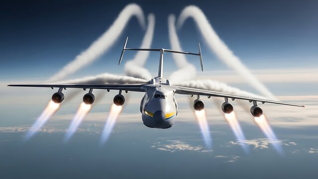 SEO Title: Massive Antonov An-225 Mriya Cargo Plane Soaring with Powerful Engine Flames and Impressive Contrails