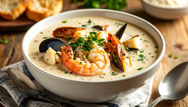 Delicious Seafood Chowder with Shrimp and Mussels.