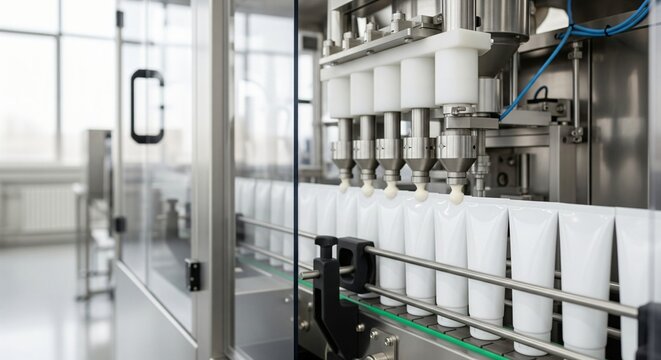 Automated production line filling white tubes with product in a clean industrial setting