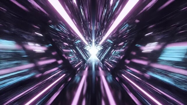 Futuristic tunnel with glowing pink and blue lights accelerating into distance
