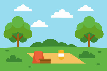 Fototapeta premium Summer Picnic Landscape with Trees and Grass Field