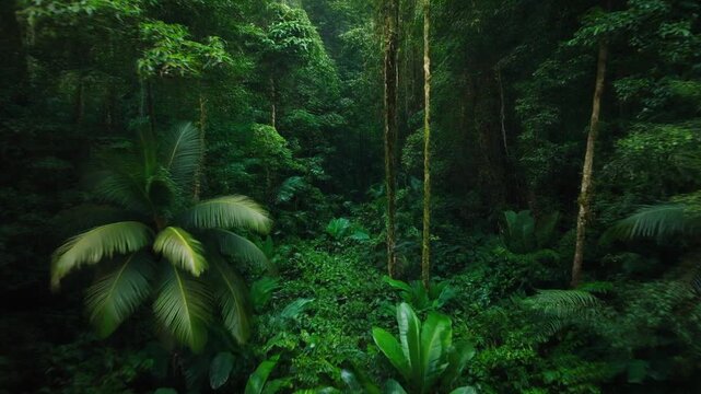 Vibrant tropical jungle landscape showcasing a dense array of green foliage and towering trees a breathtaking natural wilderness