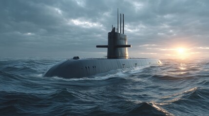 Fototapeta premium Submarine Emerging From Ocean Under Dramatic Sky at Sunset with Waves and Light Reflections
