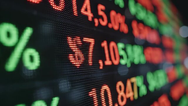 Stock market data displayed on a digital screen with percentage values