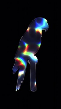 A parrot shimmering with various colored lights on a glass-like surface with an alpha channel. Seamless loop video.