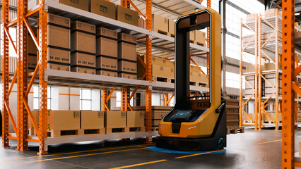 Automated guided vehicle moving pallets in modern smart warehouse with robotic logistics technology and industry 4.0 automation- 3D rendering © Vanitjan
