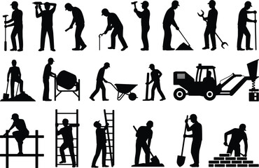 Construction Worker Silhouette Set, Manual Laborer with Tools, Builder Engineering Site, Industrial Work Equipment, Bricklayer, Contractor, Heavy Machinery, Scaffolding.