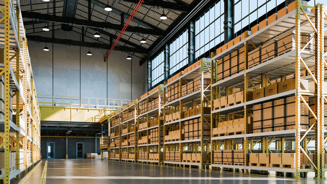 Large industrial warehouse interior full of storage racks and cardboard boxes for global logistics, shipping, and distribution operations- 3D rendering