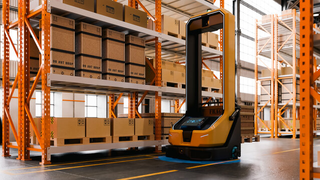 Automated guided vehicle moving pallets in modern smart warehouse with robotic logistics technology and industry 4.0 automation- 3D rendering