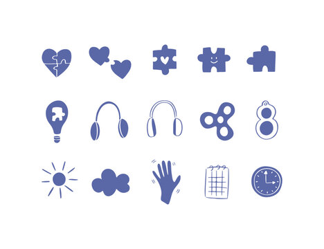 Hand drawn icon vector set neurodiversity support. Autism puzzle, headphones, routine, heart, spinner illustration. Autism Awareness Day art drawing, Asperger syndrome cliparts for stickers, banner