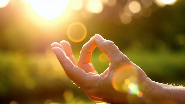 Gentle hand in mudra pose bathed in warm, glowing sunset light