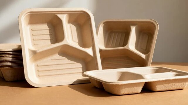 Medium shot of biobased recyclable frozen packaging made from molded fiber showcasing ecofriendly trays designed for sustainable food storage and easy composting.