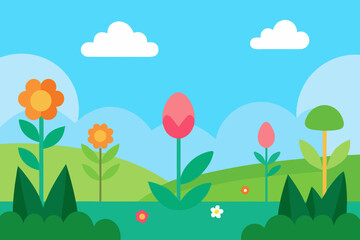 Obraz premium Summer Garden Landscape with Blooming Flowers and Blue Sky