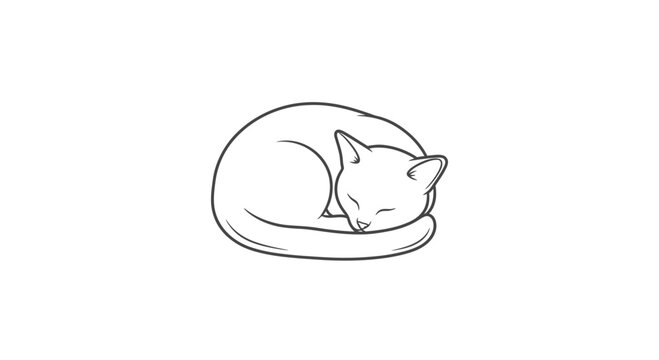Sleeping Cat Outline Drawing, Minimalist Pet Animal Icon, Cute Feline Silhouette