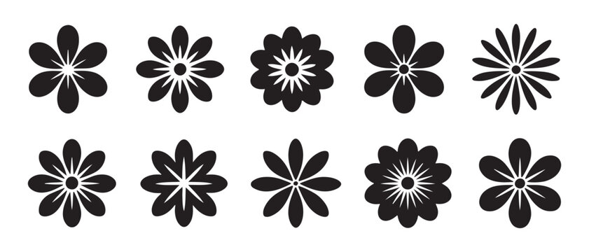 Set of ten black flower silhouette icons in various shapes and styles on a white background.