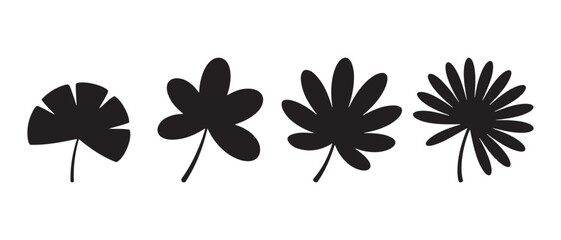Black silhouettes of four different tropical palm leaves on a white background. © CreatetiveDesignX