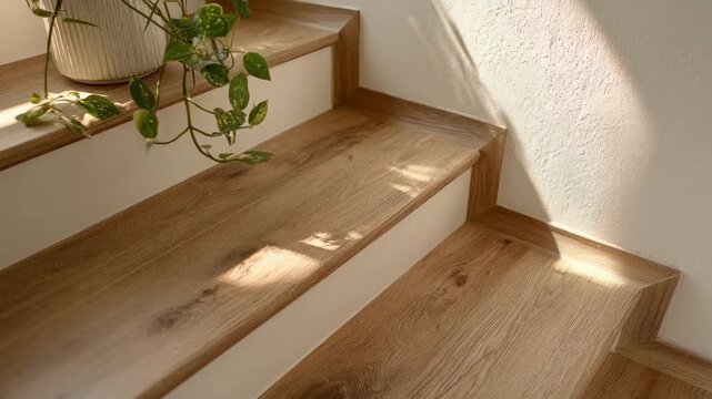 Medium shot showing a closeup of grip tape being applied on staircase edges highlighting textured surfaces for enhanced home safety.
