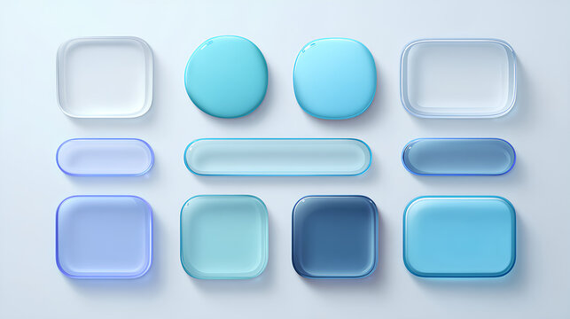 3d liquid glass ui design elements. Realistic white background glassmorphism round square buttons with matte effect and shade. Menu bars for smartphone screen web app. Vector isolated glass