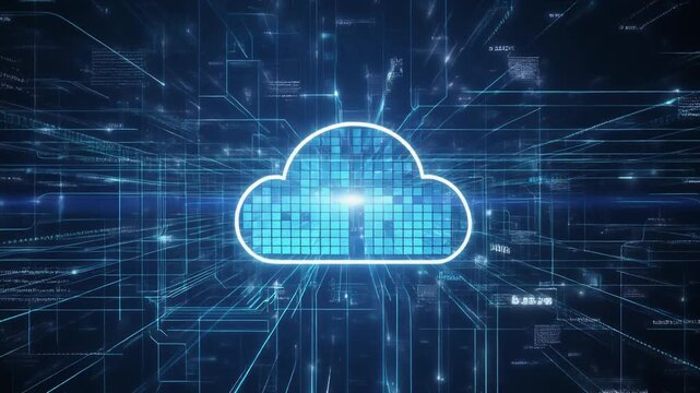 Bright blue cloud icon at the center of a futuristic digital network, representing cloud computing, data storage, and global connectivity on a dark blue background.