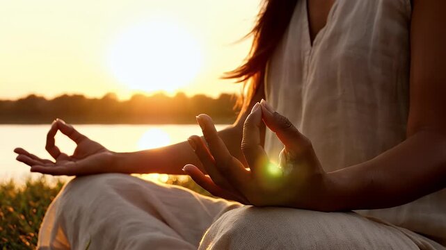 Woman meditating by water at sunset, hands in mudra