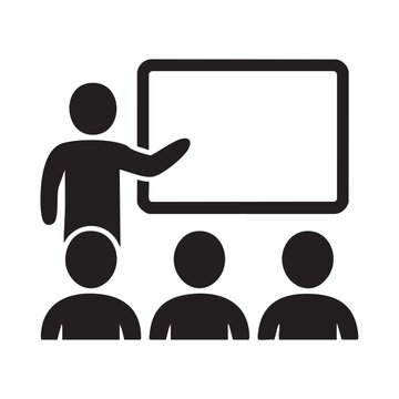 Person presenting to audience with blank screen during meeting in modern setting from behind viewpoint