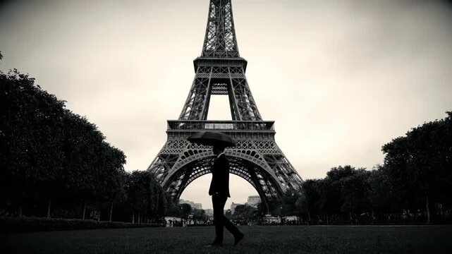 A solitary figure holding an umbrella walks in front of the Eiffel Tower on a cloudy day.