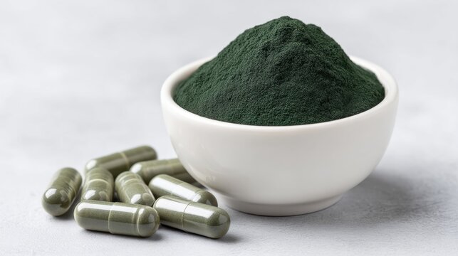 Spirulina Powder and Capsules on Gray Background for Health and Wellness Use in Supplements