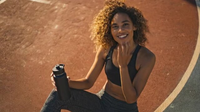 A focused individual with curly hair takes a well-deserved break outdoors after an invigorating exercise session, embodying themes of health, wellness, and personal fitness. Seated on a warm-toned ath