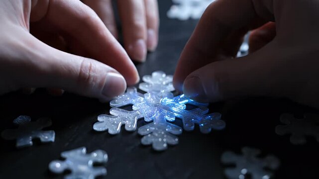 Hands assembling translucent, glitter-filled snowflake puzzle pieces on a dark surface
