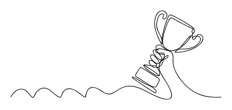 Minimalist continuous line drawing of a hand holding a triumphant trophy, symbolizing success and achievement, perfect for sports, business, or educational recognition graphics and prints.