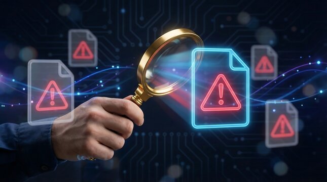 A hand holds a golden magnifying glass examining a glowing blue file icon with a red warning triangle, amidst several other error file icons, indicating data security or system issues.