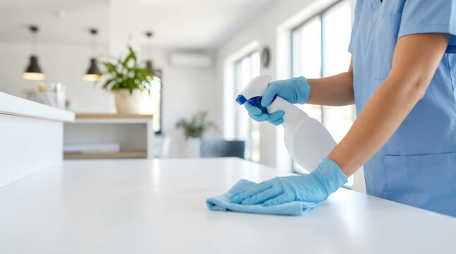 A diligent professional cleaner wearing a light blue uniform and protective gloves carefully sprays and wipes a gleaming white kitchen countertop, ensuring absolute cleanliness and hygiene.