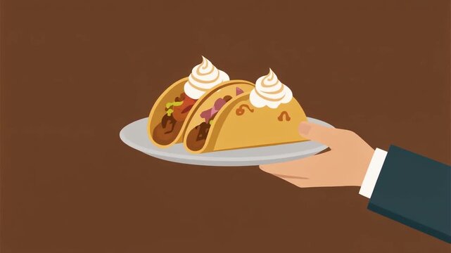 Illustration depicting a hand serving two delicious Mexican tacos topped with fresh sour cream on a white plate against a simple brown background