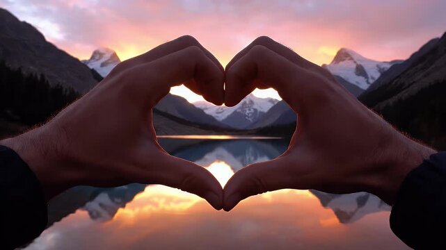 Hands form heart shape framing sunset over serene mountain lake and peaks