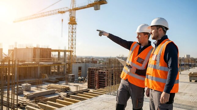 Two engineers in white hard hats and safety vests discuss plans, pointing at a large construction site.