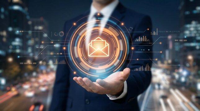 A businessman in a suit holds his hand out, displaying a glowing digital email icon over a blurred city background at night.