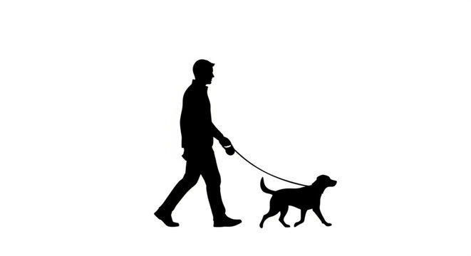 Silhouette of a man walking his dog on a leash
