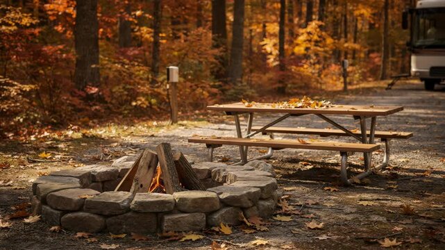 Vibrant autumn foliage surrounds a backin RV campsite clear focus on a fire ring and picnic table while golden leaves and tree trunks softly fade into the background blur.