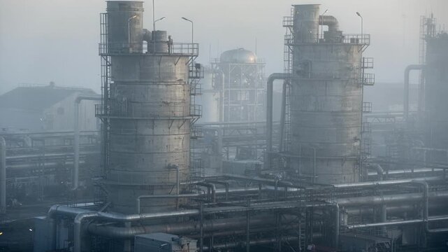 Medium shot of bleaching towers and piping maze enveloped in morning fog creating a mysterious atmosphere with softened edges and muted colors.