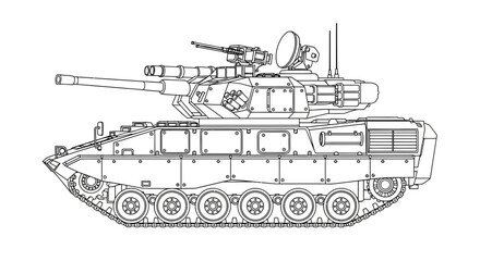 Modern Military Tank Blueprint - Side View Line Drawing