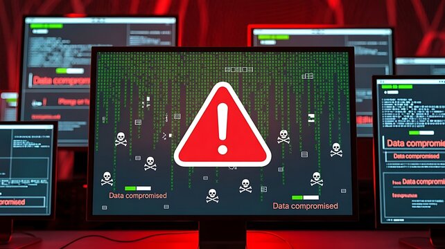 Computer monitors displaying a warning sign and code amid a red background